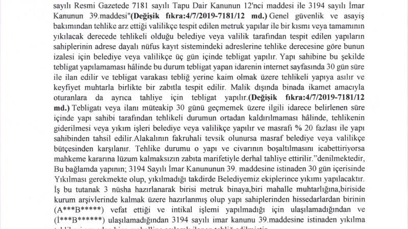 Metruk Bina Duyurusu(Tilkilik Mahallesi 136 ada 5 parsel)